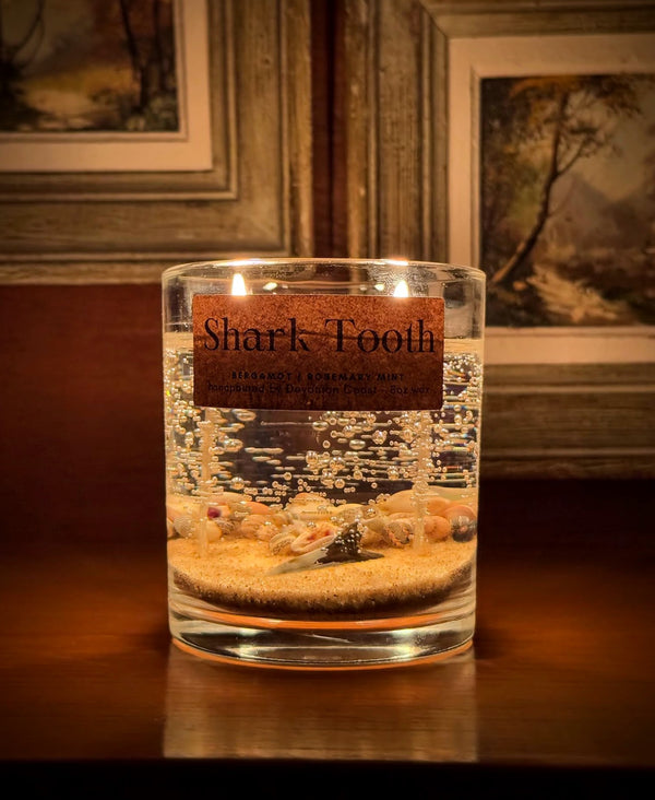 Double Wick Shark Tooth Fossil Beach Gel Candle | Includes Real Shark Tooth!