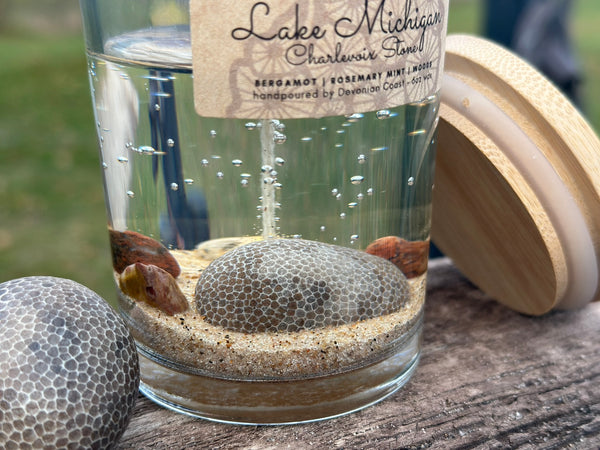 Lake Michigan Charlevoix Stone Gel Candle Close Up