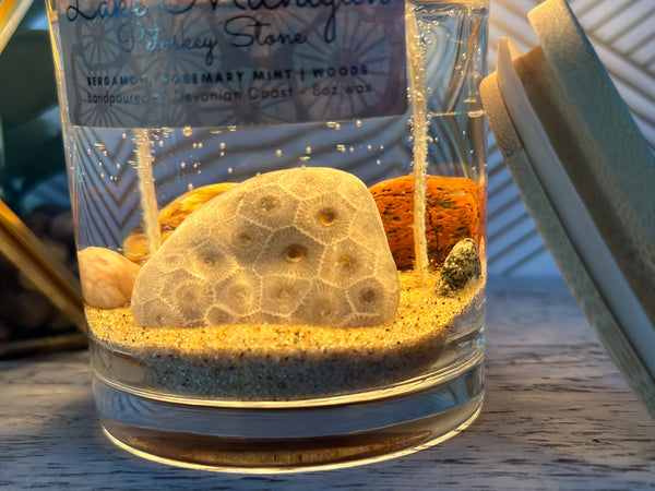 Lake Michigan Petoskey Stone Gel Candle Close Burn